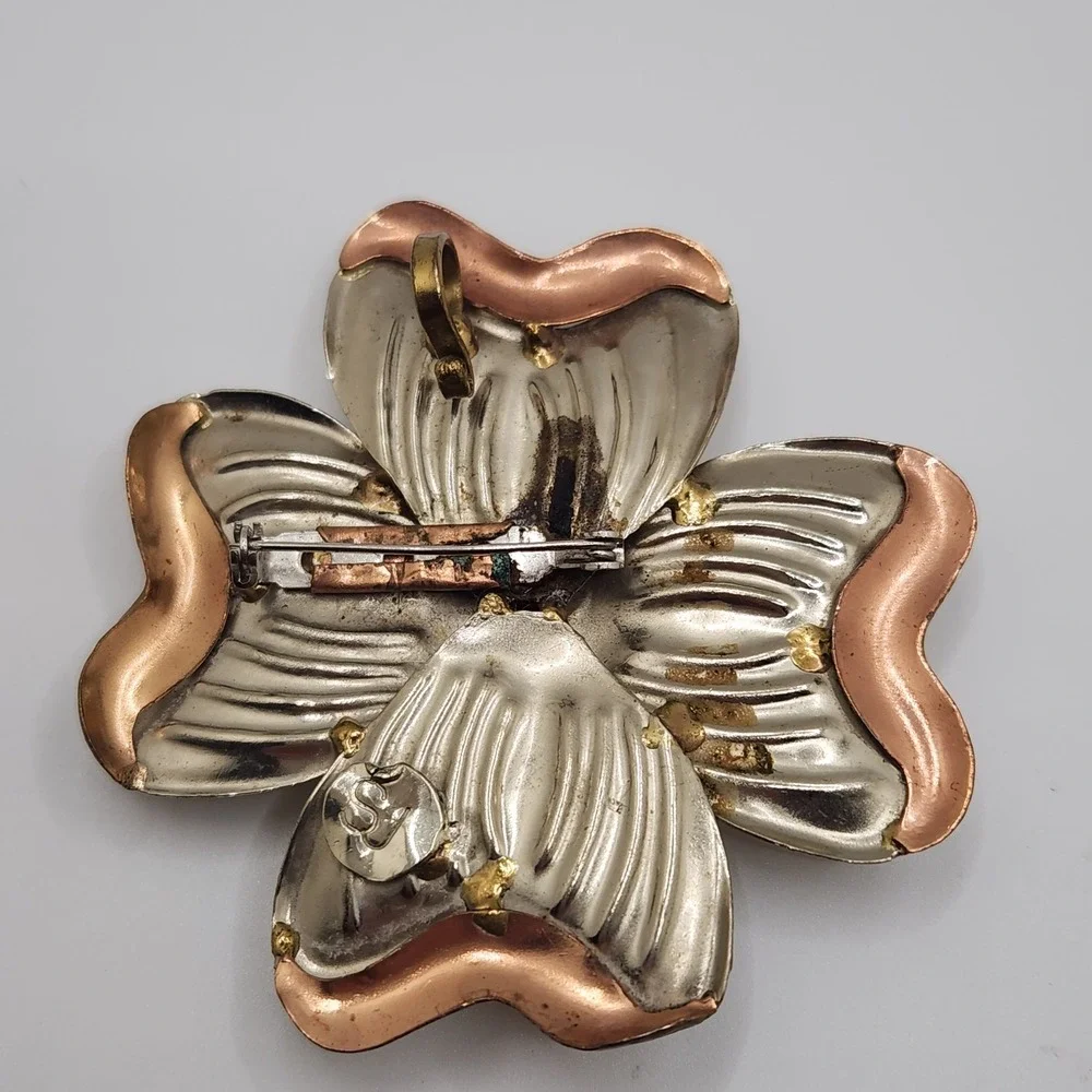 Vintage‎ Brutalist Sigh SJ Mixed Metal Dogwood Flower Brooch Pendant Taxco MCM